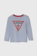 Bluzki dla dziewczynek - Guess longsleeve bawełniany dziecięcy kolor niebieski z nadrukiem - miniaturka - grafika 1