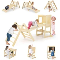 Place zabaw - 7 w 1 Zjeżdżalnia – Trójkąt do Wspinania Montesorri, Drabinka Przekształcalna, Tablica Czarna, Stół, Krzesło, dla Dzieci w Wieku 3-14 Lat, Naturalna - miniaturka - grafika 1