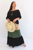 Dresy damskie - Czarno-Karmelowo-Oliwkowy Komplet Bluzki Hiszpanki i Spódnicy Maxi UNI - miniaturka - grafika 1
