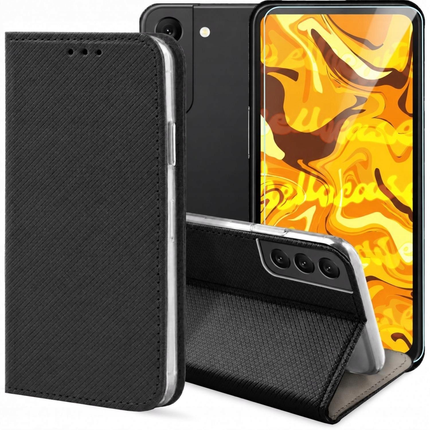 Hello Case Etui z Klapką Do Samsung Galaxy S22 Czarne, Zamykane, Magnetyczne Szkło BNDL1215