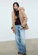 Płaszcze damskie - Stradivarius Płaszcz Kaptur futro Karmelowy XL - miniaturka - grafika 1