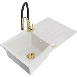 Mexen Cesar zlewozmywak granitowy 1-komorowy z ociekaczem i baterią kuchenną Aster, biały - Zlewozmywaki z baterią - miniaturka - grafika 1