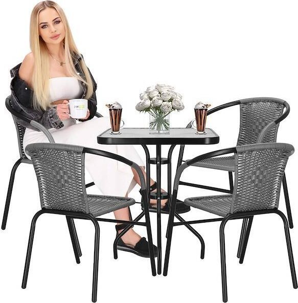 Springos Meble tarasowe: stolik kawowy z bezbarwnego szkła hartowanego, 4 krzesła metalowe do ogrodu czarno-szary UNIWERSALNY