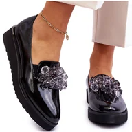 Mokasyny damskie - Vinceza Lakierowane Mokasyny Na Koturnie Z Kryształkami Czarne Loresa - miniaturka - grafika 1