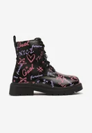 Botki damskie - Czarne Botki Traperki Mocno Ocieplane Zdobione Kolorowym Nadrukiem Rinnabelle - miniaturka - grafika 1