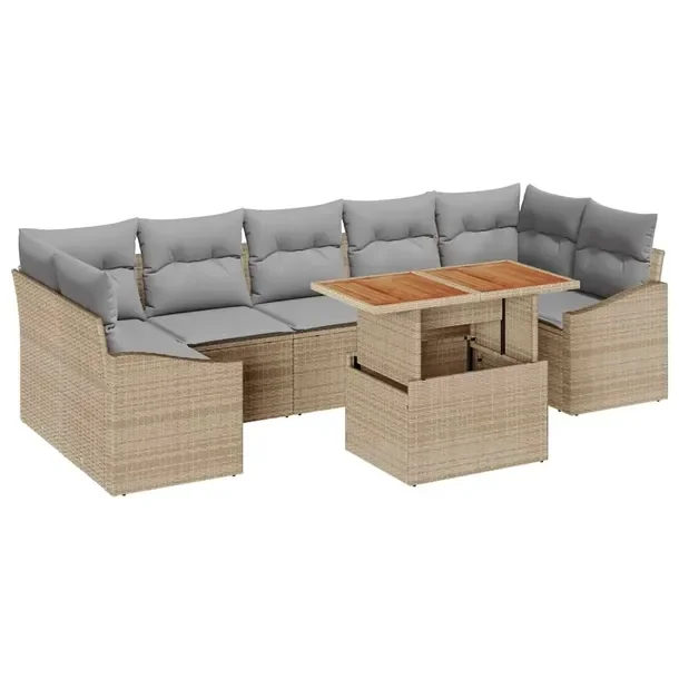 Zestaw jadalny do ogrodu z rattanu, narożna sofa, stół, beżowy, 7 osób