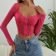 Gorsety - Koronkowy gorset z długim rękawem - Różowy - miniaturka - grafika 1