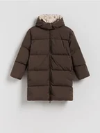 Kurtki i płaszcze dla dziewczynek - Reserved - Długi płaszcz z puchem - ciemnobrązowy - miniaturka - grafika 1