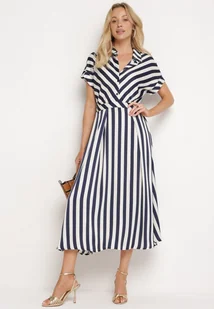 Biało-Granatowa Sukienka w Paski z Krótkim Rękawem i Gumką w Pasie Zapinana na Guziki Inantia - Sukienki - miniaturka - grafika 1