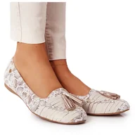 Baleriny - Skórzane Baleriny Z Frędzlami Maciejka 04016-25 Beżowo-Złote beżowy złoty - miniaturka - grafika 1