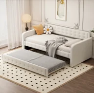 Łóżka dla dzieci i młodzieży - Łóżko dzienne Merax 90x200cm z wysuwanym łóżkiem, rozkładana sofa z listwowym stelażem i podłokietnikami, łóżko tapicerowane lnem, rozkładana sofa dla dzieci, jasnobeżowa - miniaturka - grafika 1