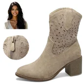 Botki damskie - Kowbojki Botki Damskie Ażurowe Zamszowe Beżowe Modne z zamkiem Barski 39 - miniaturka - grafika 1