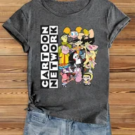 Bluzki damskie - TEMU Koszulka Damska z Nadrukiem - Gray, Krótki Rękaw, Okrągły Dekolt, Casualowa Bluzka z Kolorowym Wzorem Postaci, Oddychająca Koszulka Letnia, - miniaturka - grafika 1