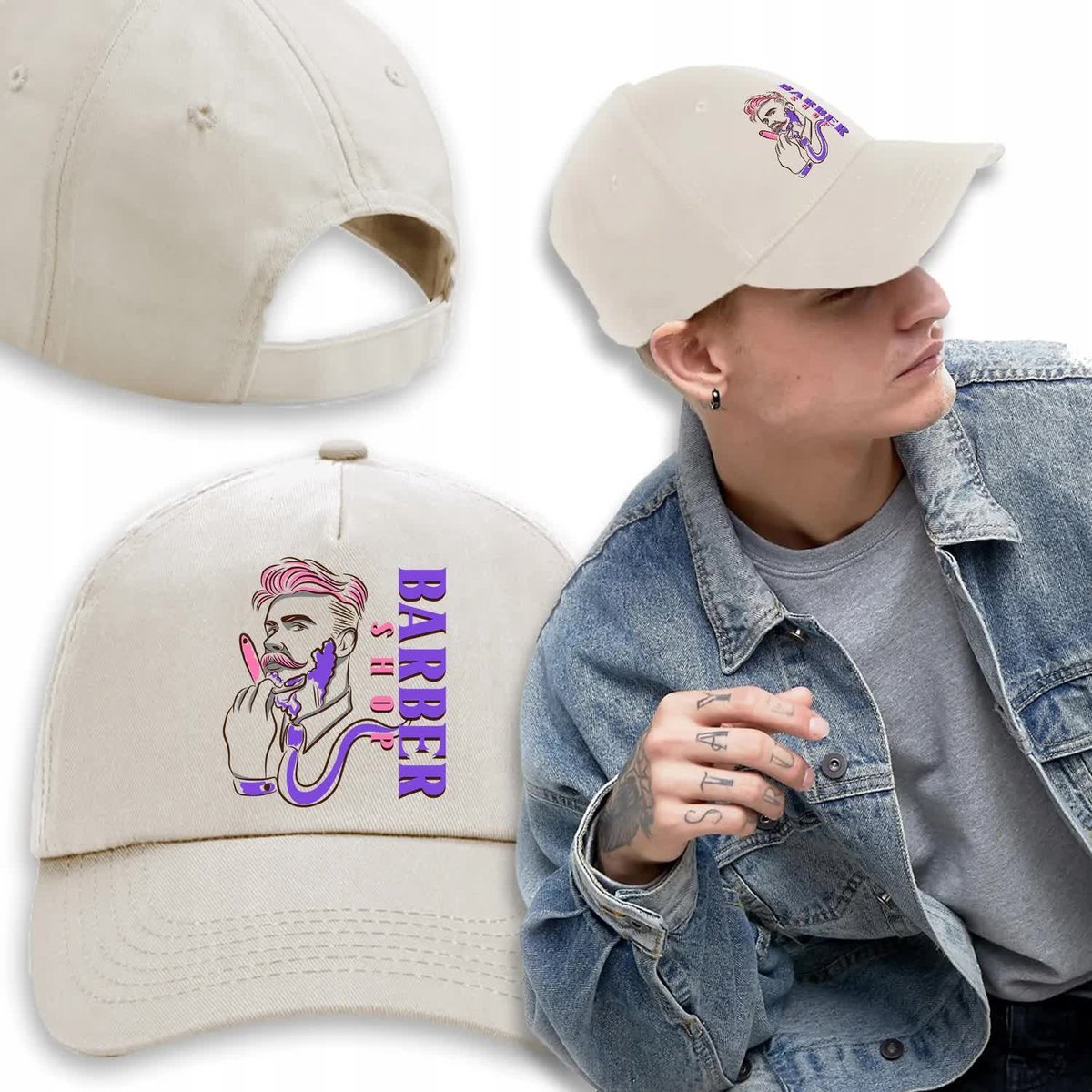 CZAPKA Beżowa Daszek Na Prezent BARBER SHOP Wzory