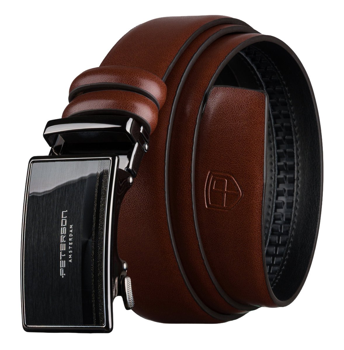 Pasek męski automatyczny PETERSON skórzany casualowy modny elegancki do garnituru brązowy