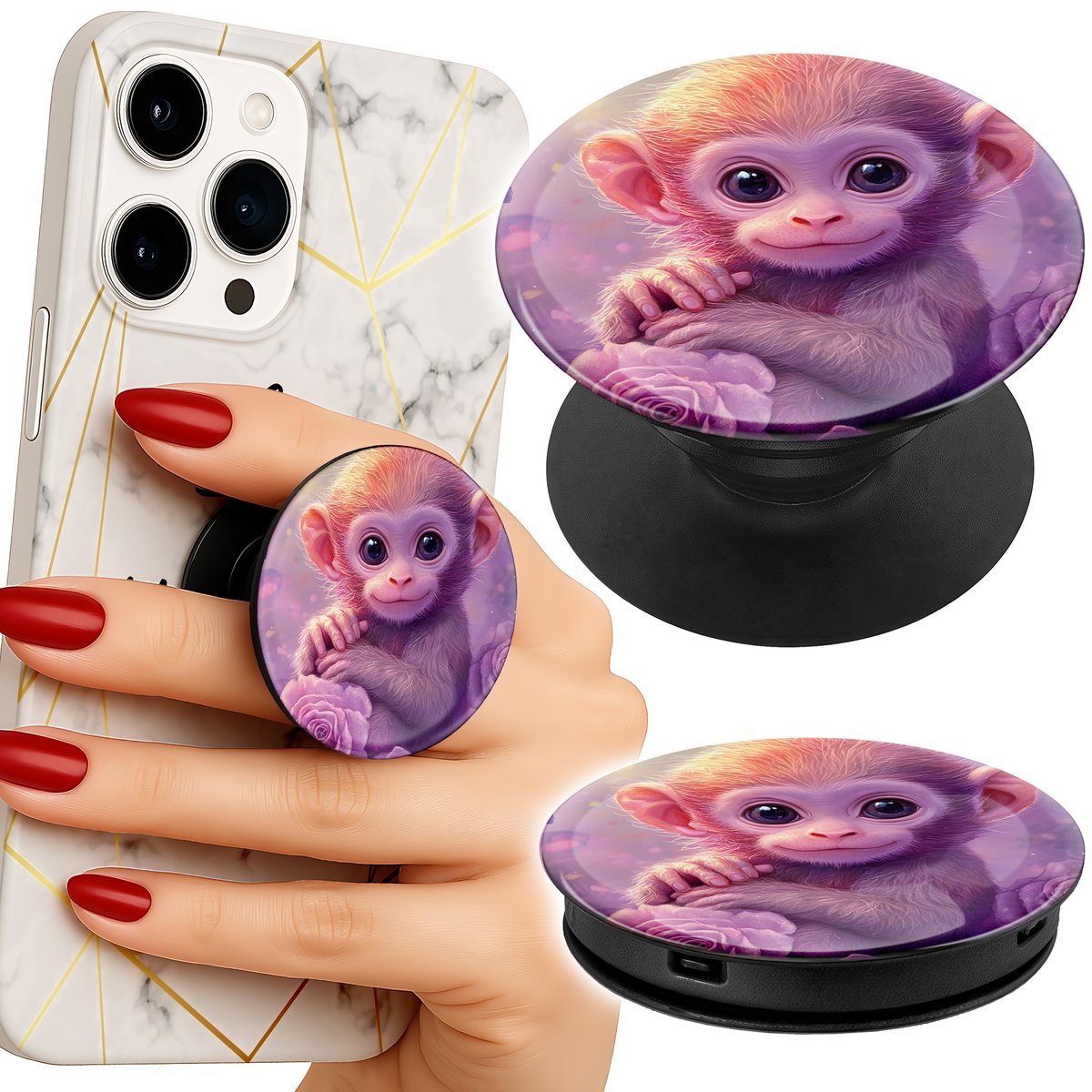 Uchwyt do telefonu Popsocket na palce/stojak SŁODKA MAŁPA NA RÓŻOWYM TLE