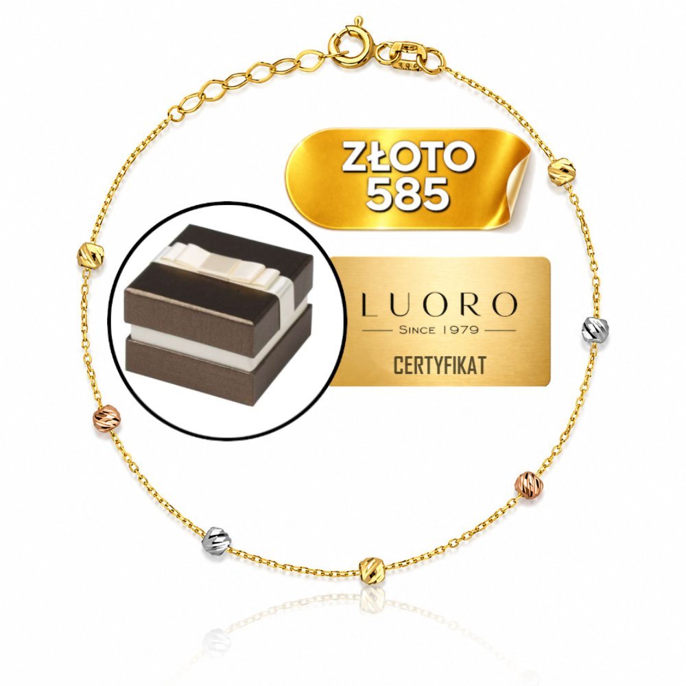 BRANSOLETKA ZŁOTA 585 14K KULECZKI TRZY KOLORY ZŁOTA 17-19 CM REGULOWANA