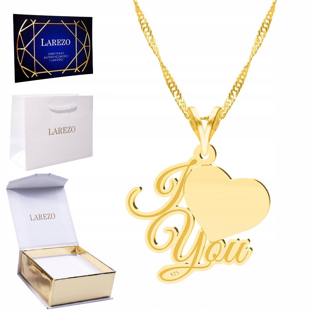 Złoty Naszyjnik 925 Pozłacany Kocham Cie Miłość Serce Serduszko I Love You