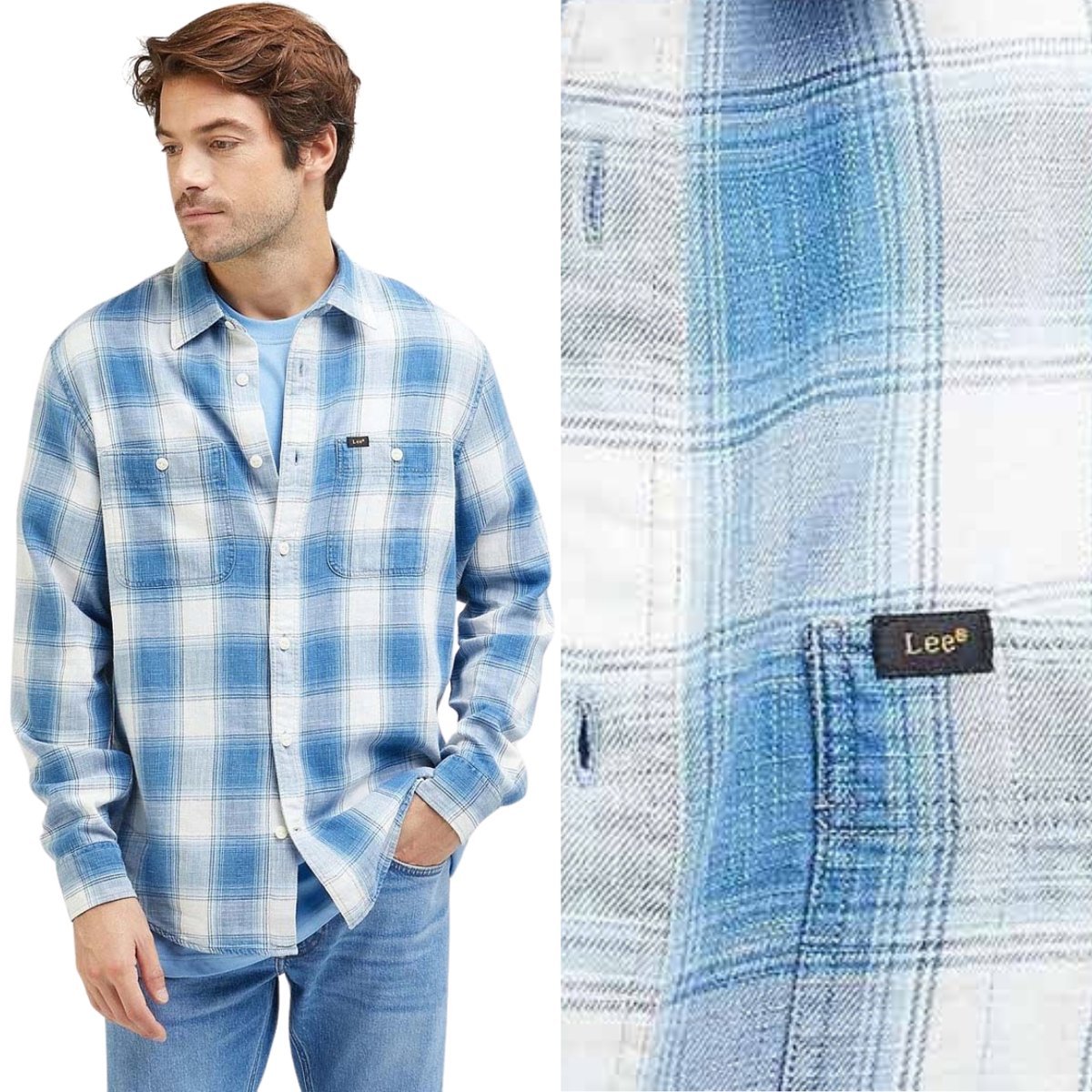 Lee WORKER SHIRT 2.0 Indigo LUŹNA BAWEŁNIANA KOSZULA W KRATĘ RELAXED FIT S