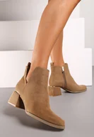 Botki damskie - Ciemnobeżowe Klasyczne Botki na Obcasie Ozdobione Metaliczną Wstawką i Wycięciem Loreviana - miniaturka - grafika 1