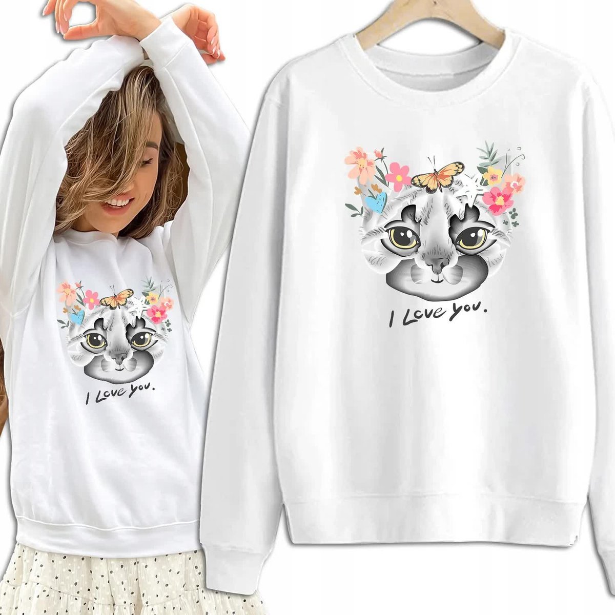 Bluza Damska Biała Dresowa I LOVE YOU Kobiece Dziewczęce Piękne Wzory - S