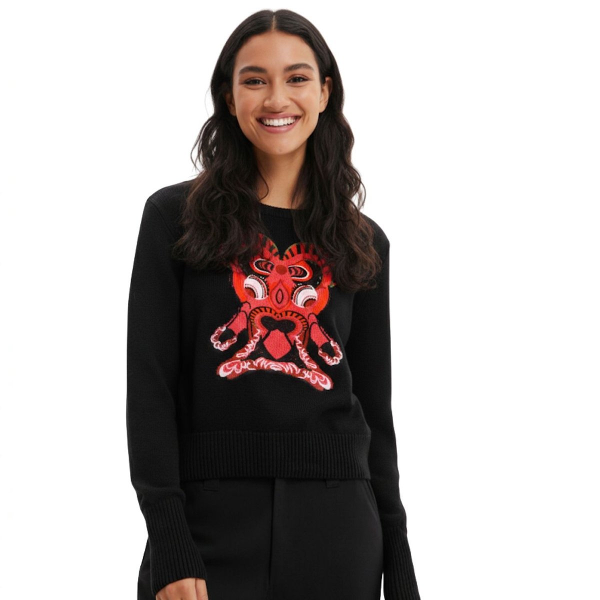 Sweter damski Desigual Moon czarny z orientalna maską -S