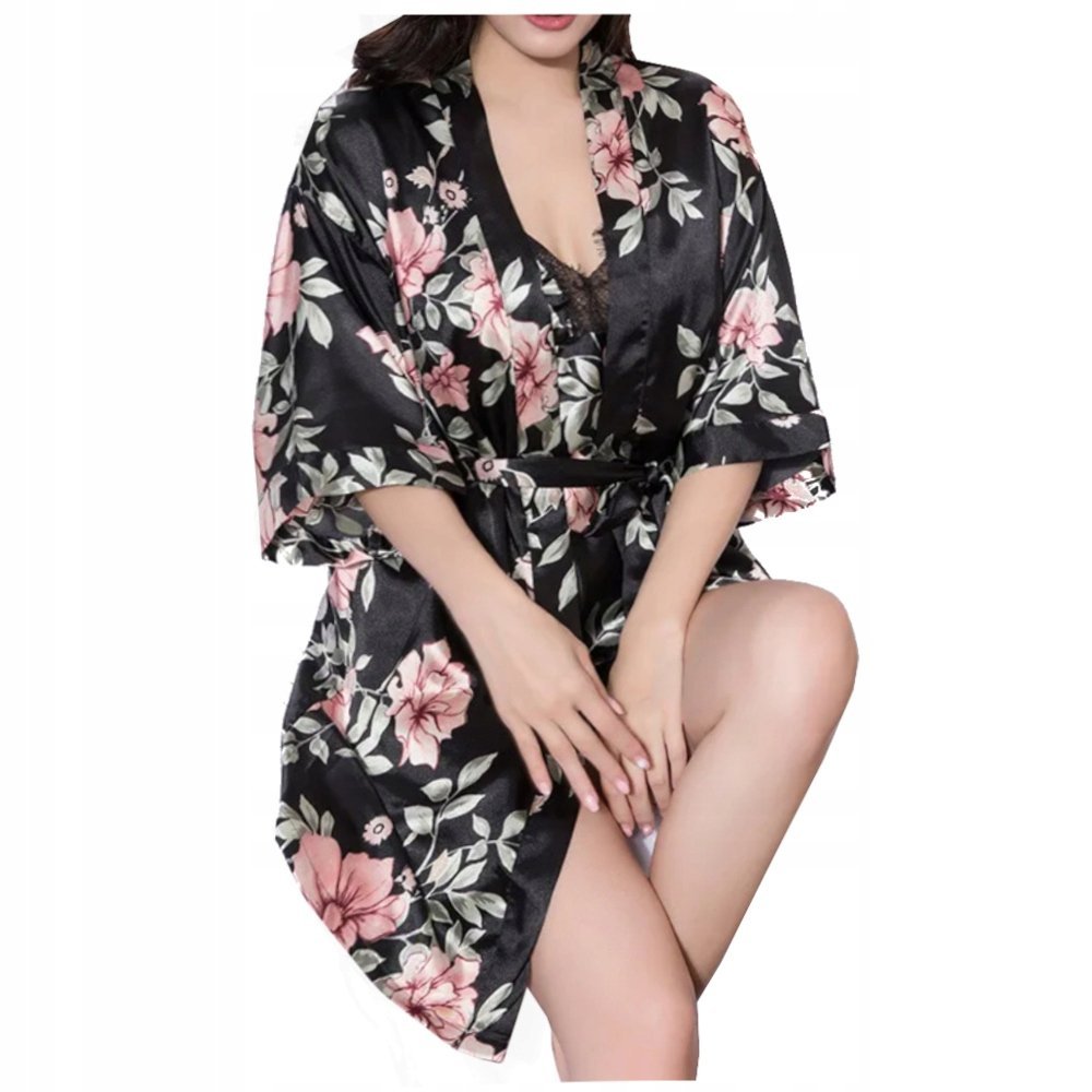 PIŻAMA DAMSKA SATYNOWY SZLAFROK KOSZULKA NOCNA MAJTKI SEKSOWNY KOMPLET 3w1