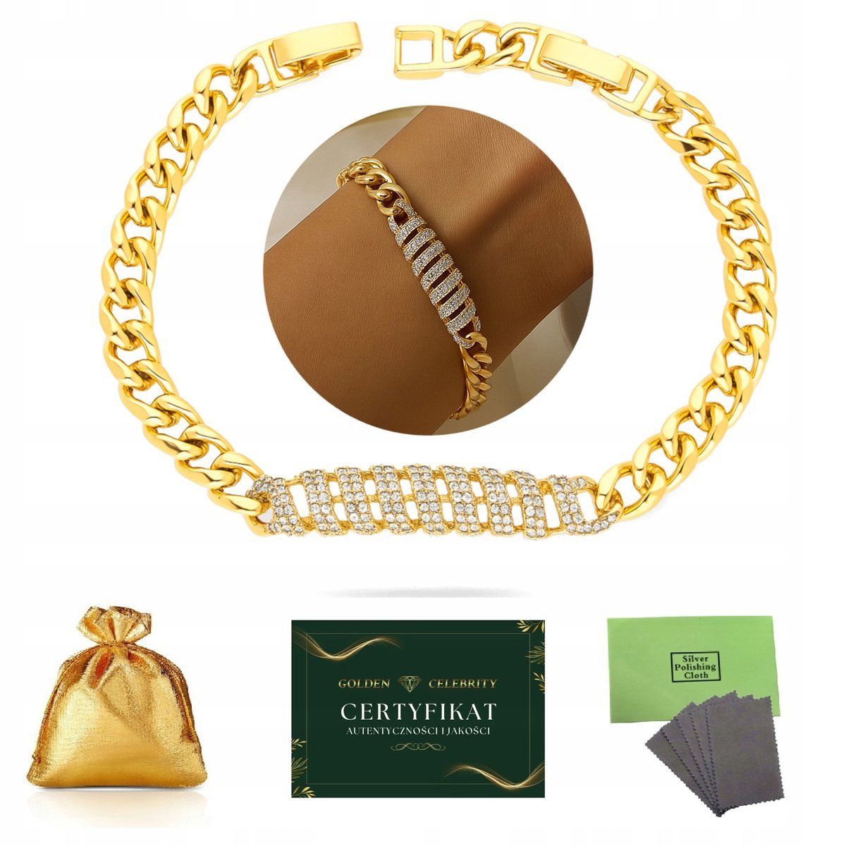 BRANSOLETKA POZŁACANA ZE STALI CHIRURGICZNEJ GRECKA Z CYRKONIAMI REGULACJA