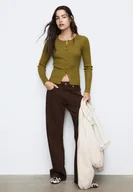 Swetry damskie - Stradivarius Kurtka z dzianiny prążkowanej na guziki Zielony XXS - miniaturka - grafika 1