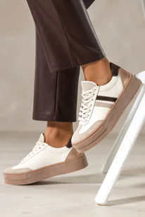 Białe sneakersy skórzane damskie buty sportowe na platformie z czekoladowymi i złotymi wstawkami sznurowane PRODUKT POLSKI Casu M8701 - Półbuty damskie - miniaturka - grafika 1