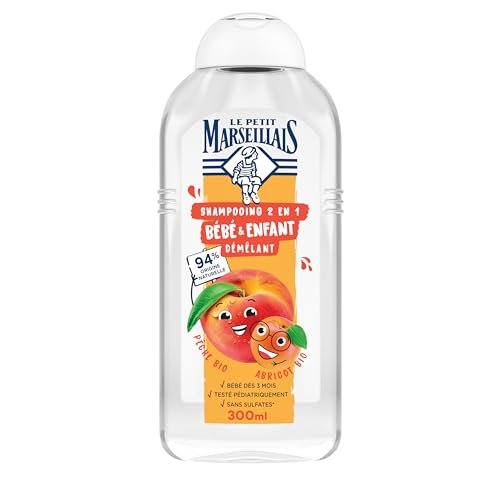 Le Petit Marseillais Szampon 2 w 1 dla niemowląt i dzieci rozczesywanie organicznej brzoskwini i moreli (300 ml) - 94% pochodzenia naturalnego - nie kłuje oczu, nie zawiera silikonu i siarczanów