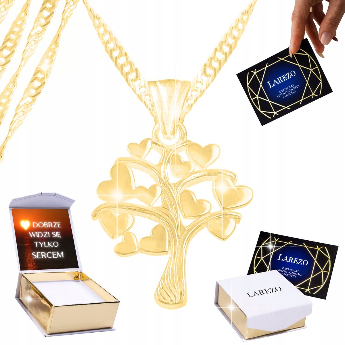 Złoty Naszyjnik 925 Drzewo Życia z Sercami Drzewem Szczęścia Serce + NADRUK