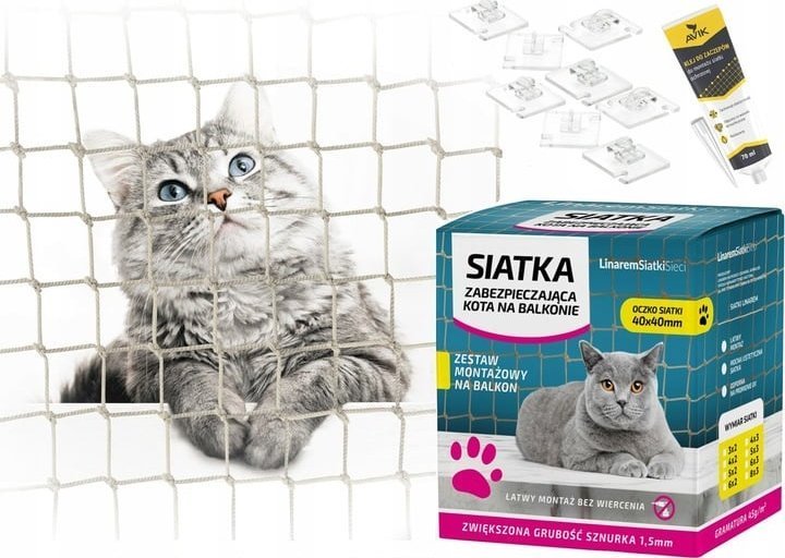 ZESTAW 6x3 GRUBA SIATKA DLA KOTA 1,5mm NA BALKON OCZKO 40mm ZESTAW BEZ WIERCENIA MARKA BEZPIECZNE KOTY