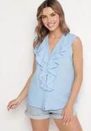 Koszule damskie - Niebieska Koszula Bez Rękawów z Wiskozą z Dekoltem w Serek i Falbaną Arlimi - miniaturka - grafika 1