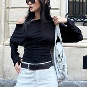 Bluzki damskie - TEMU Kobieca Elegancka Bluzka z Rękawami Batwing - Elastyczna, Dopasowana Koszulka z Asymetrycznym Dołem, Jednokolorowa Wszechsezonowa Bluzka na - miniaturka - grafika 1