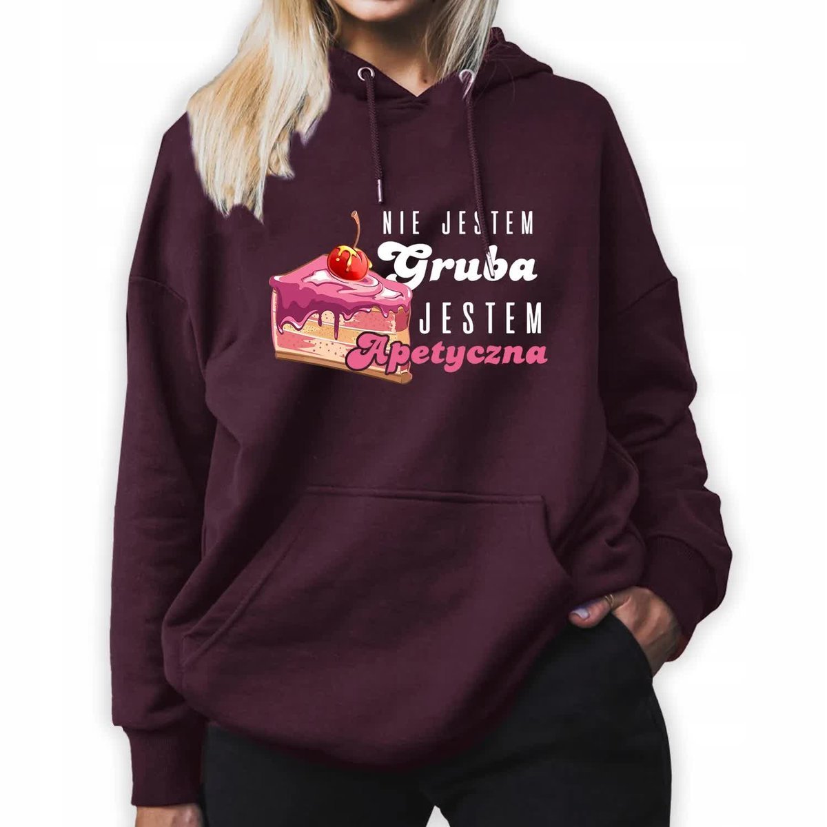 BLUZA DAMSKA BURGUNDOWA Z KAPTUREM NA PREZENT JESTEM APETYCZNA TOP WZORY- S