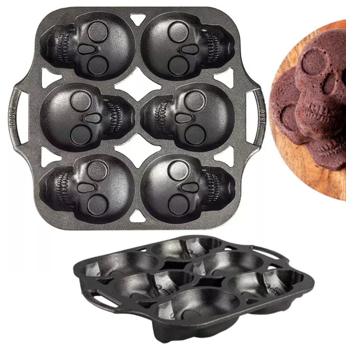 ŻELIWNA FORMA DO MUFFINEK BABECZEK CIASTEK w kształcie czaszki 6 szt LODGE