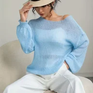 Swetry damskie - TEMU Elegancka Bluzka Damska z Odkrytymi Ramionami/Dekoltem Łódkowym – Sweter z Dzwonowymi Rękawami, Półprzezroczysty, Luźny Krój z Falbanką, Długi - miniaturka - grafika 1