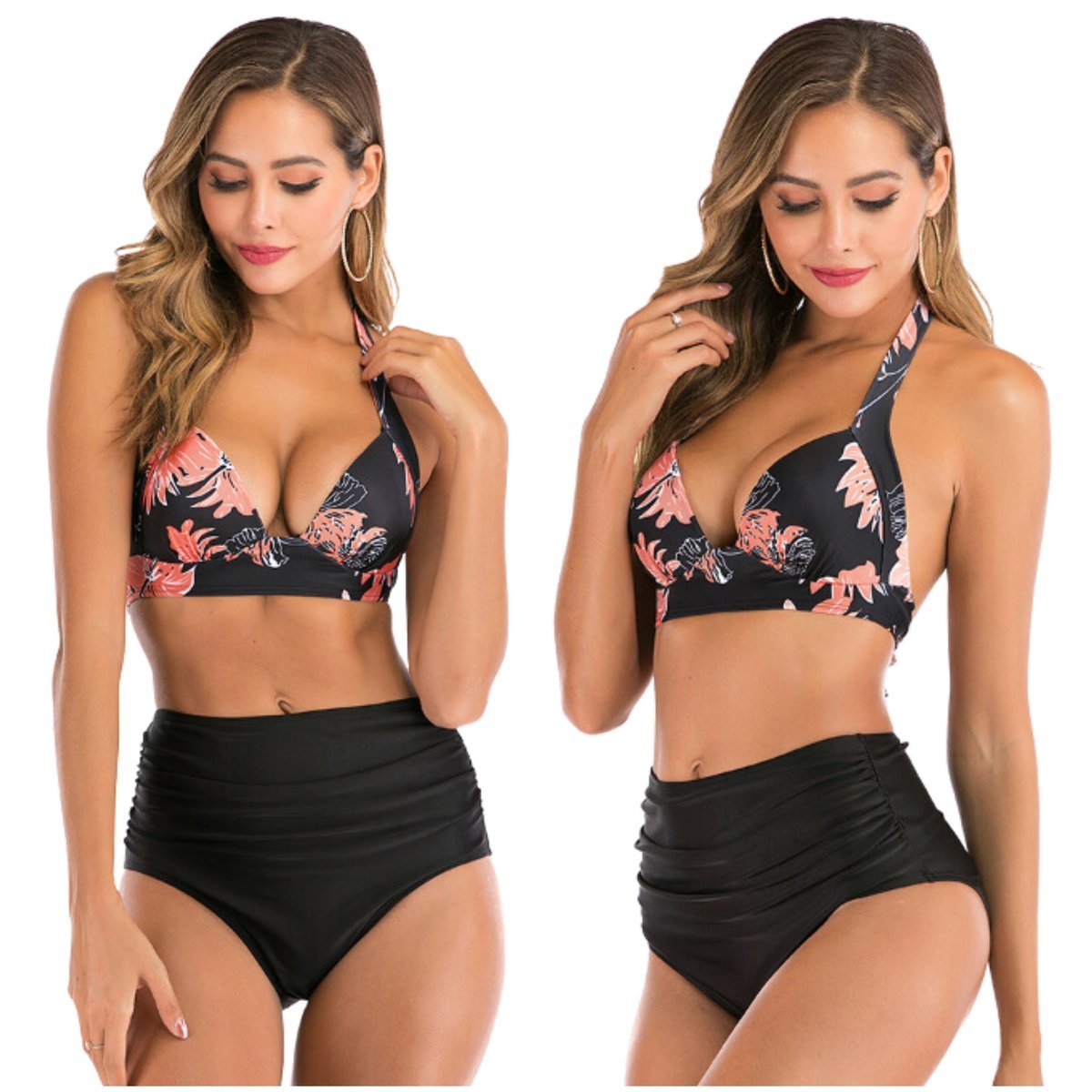 Strój Kąpielowy Dwuczęściowy Bikini Boho, Czarny W Kwiaty, Rozmiar M