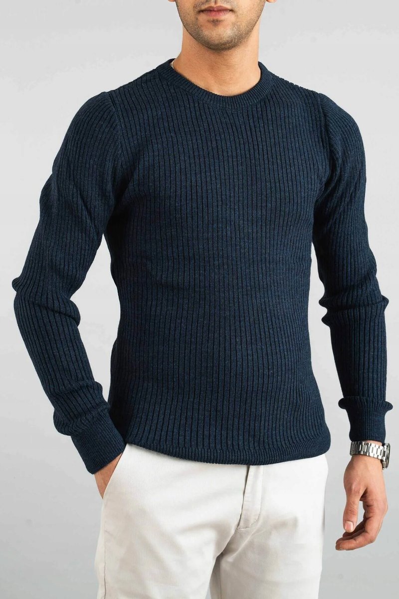 MĘSKI GRANATOWY SWETER W PRĄŻKI Z OKRĄGŁYM DEKOLTEM BAWEŁNA LYCRA XL 5GA*