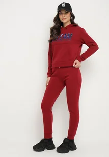 Bordowy Ocieplany Komplet Dresowy z Bawełny Joggery i Bluza z Kapturem i Nadrukiem Filola - Bluzy sportowe damskie - miniaturka - grafika 1