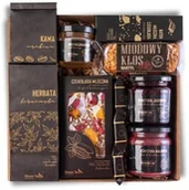 Zestawy upominkowe - ZESTAW PREZENTOWY duży kosz herbata kawa słodycze kraftowe konfitury miód - miniaturka - grafika 1