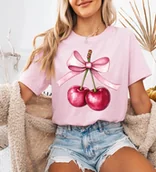 Koszulki i topy damskie - Różowa koszulka wiśnie - wzór wiśnie21 - miniaturka - grafika 1