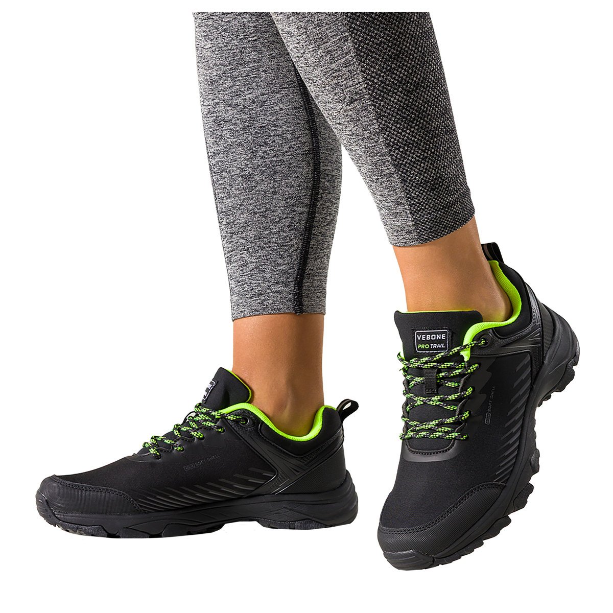 Czarne buty trekkingowe damskie buty sportowe softshell na bieżnikowanej podeszwie seledynowe wstawki sznurowane Carla EY0976-8-41