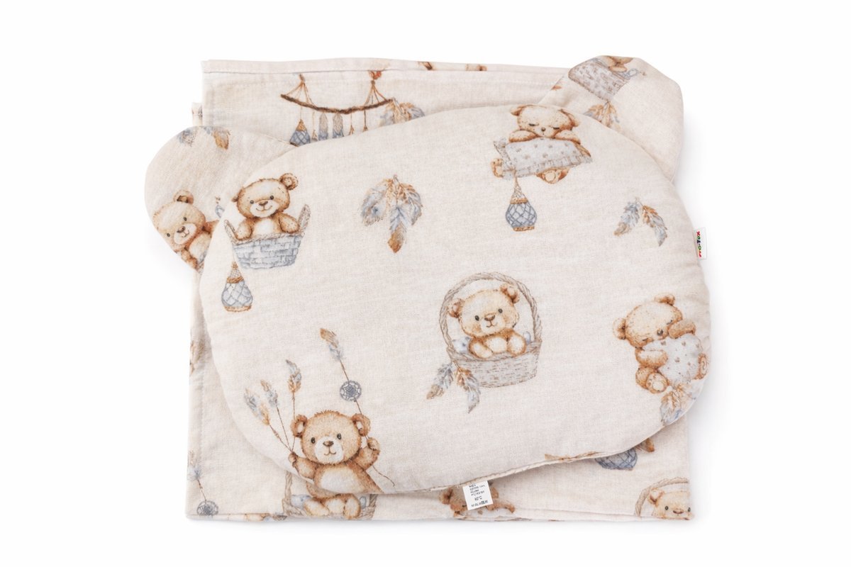 Zestaw Niemowlęcy:Poduszka Miś Otulacz Flanelowy 80x80 wózek dostawka boho