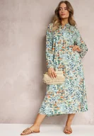 Sukienki - Miętowa Rozkloszowana Sukienka w Abstrakcyjny Wzór i Górą Zapinaną na Guziki Skylare - Renee - miniaturka - grafika 1