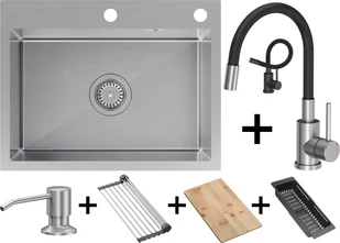 QUADRON LUKE 110 WORKSTATION stal szczotkowana INOX + MAGGIE inox/czarny + dozownik + akcesoria (ZH5845BS_3323503BL) - Zlewozmywaki - miniaturka - grafika 1