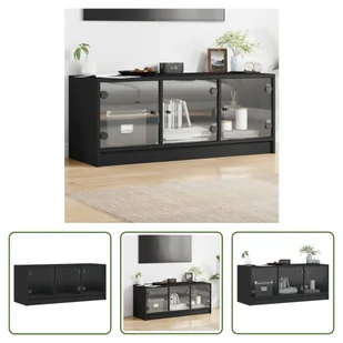 The Living Store Szafka pod telewizor ze szklanymi drzwiami czarna 102x37x42 cm - Szafki RTV - miniaturka - grafika 1