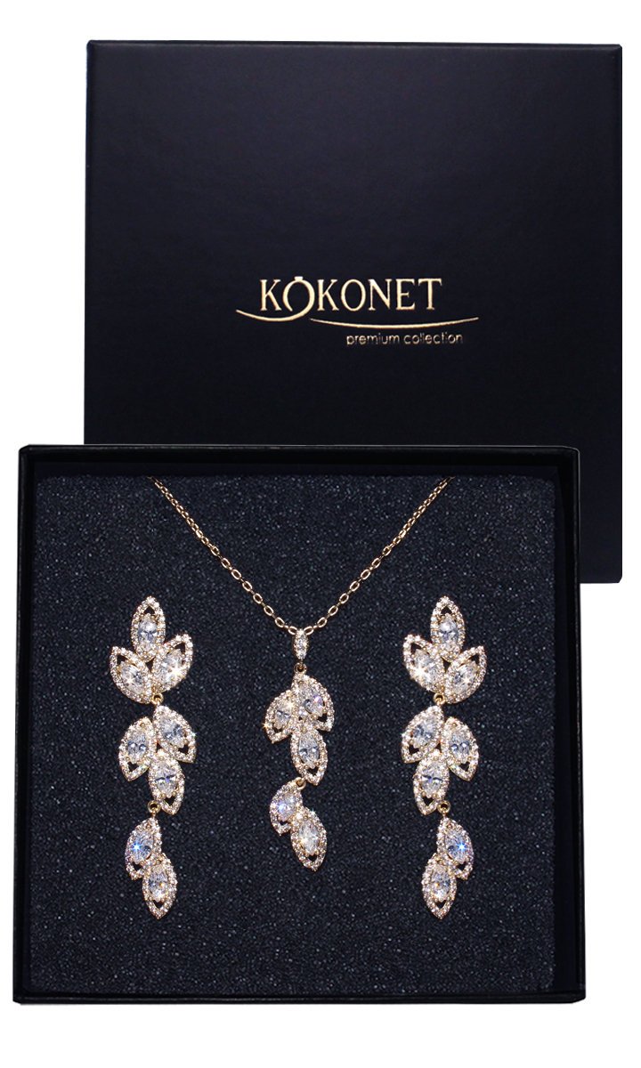 Komplet biżuterii ŚLUBNEJ złoty naszyjnik kolczyki listki długi lekki