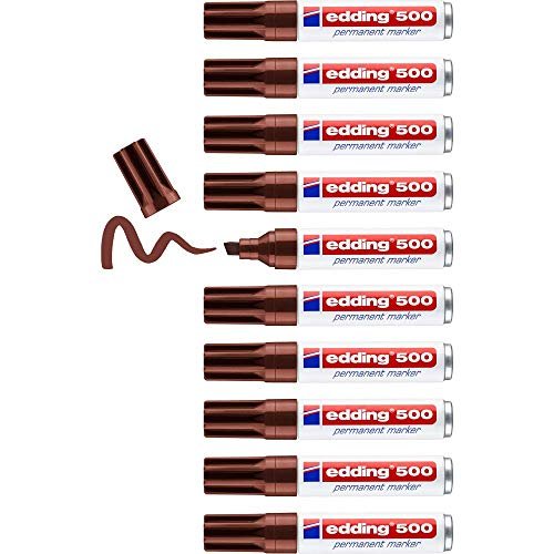 edding 500 marker permanentny - brązowy - 10 długopisów - końcówka fazowana 2-7 mm - szybkoschnąca, odporna na wodę i ścieranie - do kartonu, plastiku, drewna, metalu, szkła